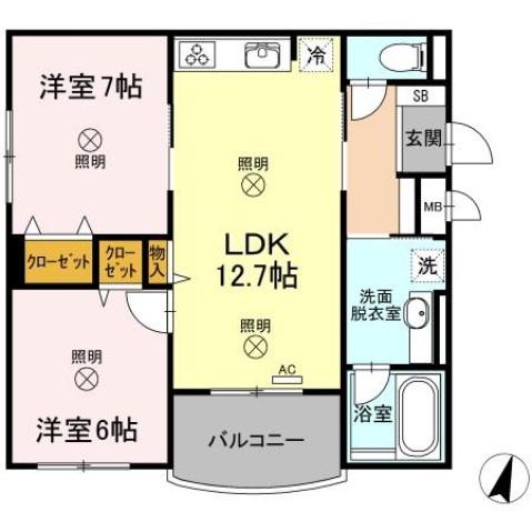 SHALLOWGARDENB棟(2LDK/2階)の間取り写真