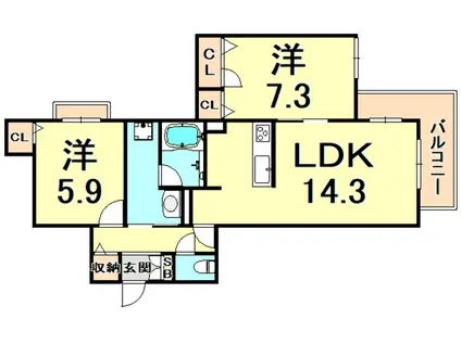 リラサーレ甲子園九番町(2LDK/2階)の間取り写真