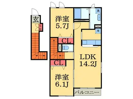 ヴェルジュドゥソレイユ(2LDK/2階)の間取り写真