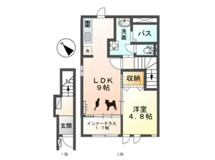 ウエストウイングIII(1LDK/2階)の間取り写真
