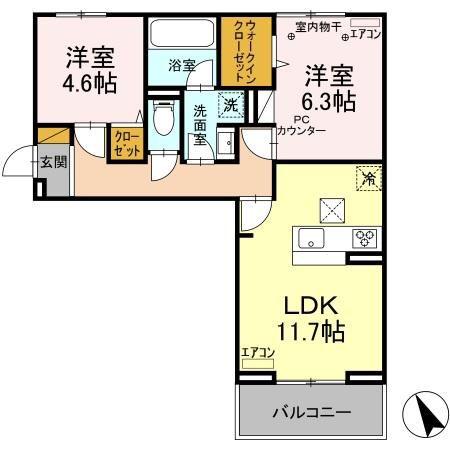 グランテージ海神E(2LDK/1階)の間取り写真