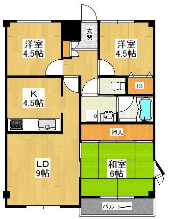 グリーンコート野間(3LDK/3階)の間取り写真