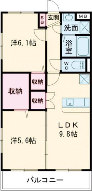 コンフォート越葉(2LDK/1階)の間取り写真
