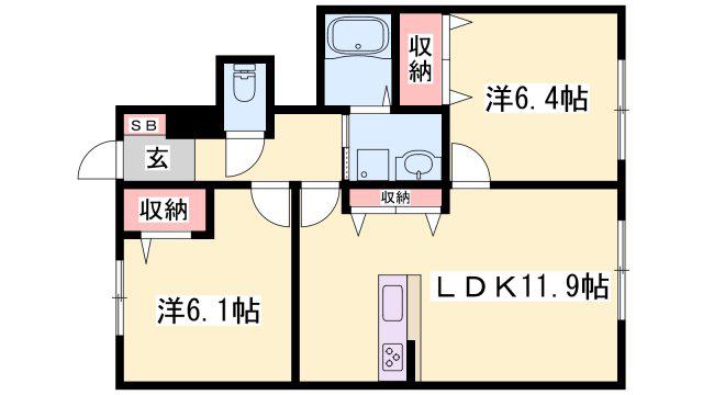 ルシール加古川(2LDK/1階)の間取り写真