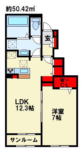 サニーブリーズ行事B(1LDK/1階)の間取り写真