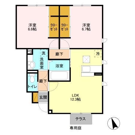 ハーリンガムコート都賀 A(2LDK/1階)の間取り写真