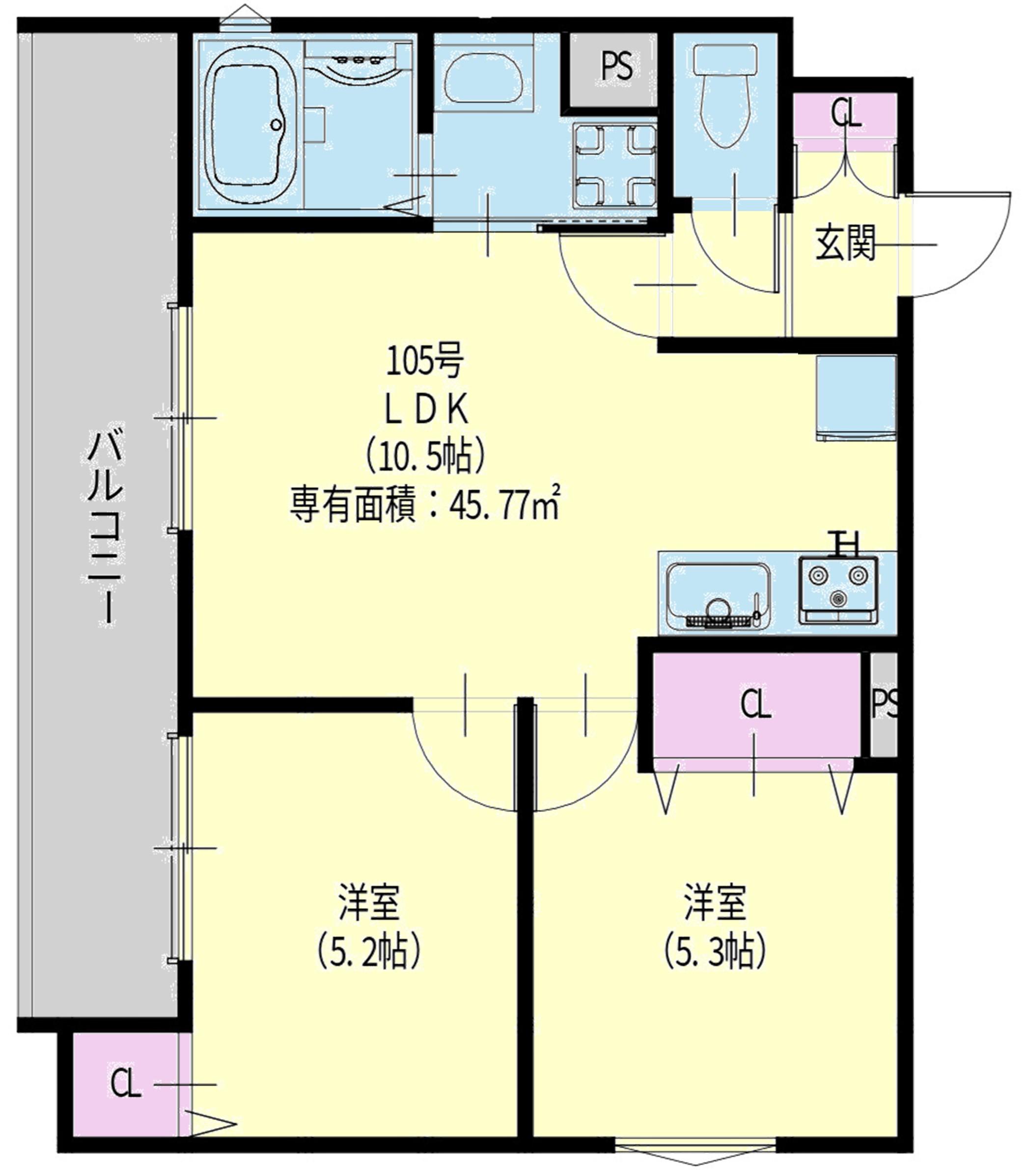クリエオーレ新堂I(2LDK/1階)の間取り写真