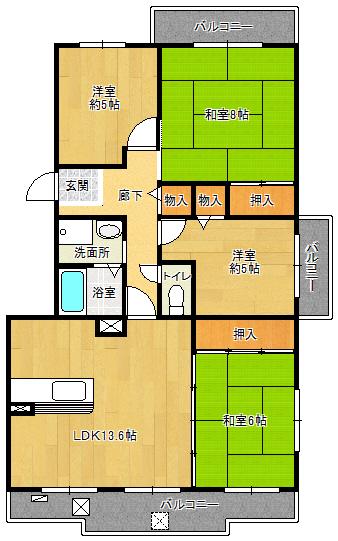 鹿の子台北ハイツ(4LDK/1階)の間取り写真