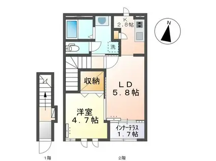 陽当り良好の2階(1LDK/2階)の間取り写真