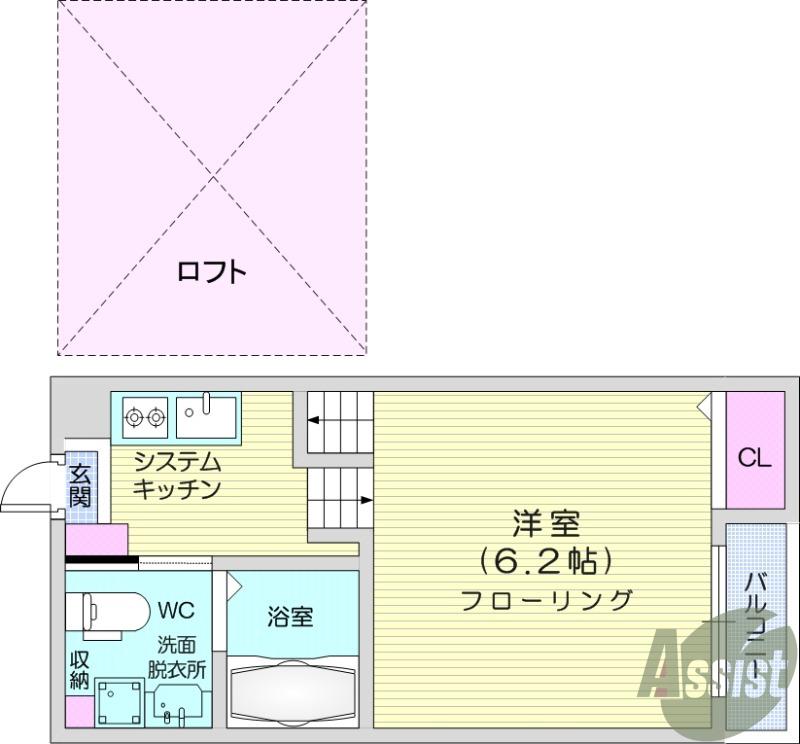 グラード旭ヶ丘(1K/2階)の間取り写真