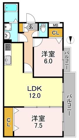 ウィステリアコート平野本町(2LDK/2階)の間取り写真