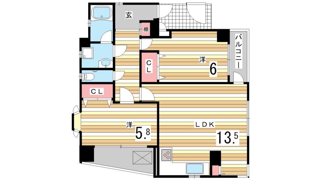 芦屋ニューコーポI番館(2LDK/2階)の間取り写真