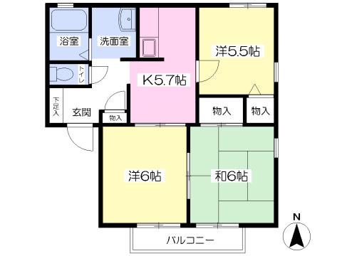 メサージュ・ド・ローズA(3K/2階)の間取り写真