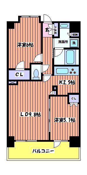 オーチャード(2LDK/9階)の間取り写真