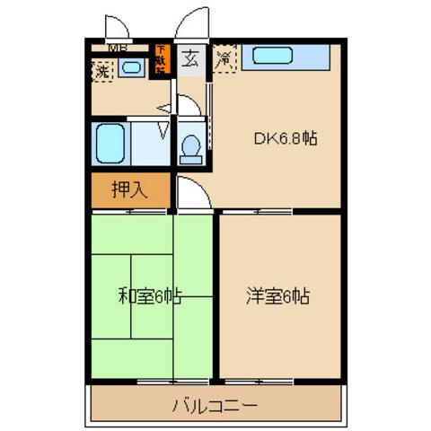 ヴィラージュ南田園(2DK/1階)の間取り写真