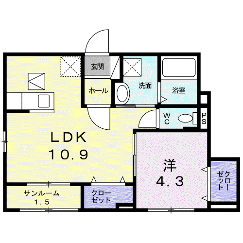 エスペラント ヴォヌール(1LDK/1階)の間取り写真