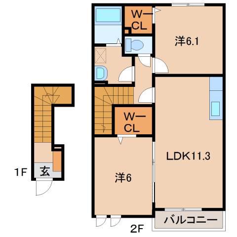 ヴェルジェB(2LDK/2階)の間取り写真