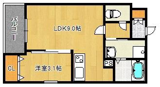 ザカラー東本町B棟(1LDK/1階)の間取り写真
