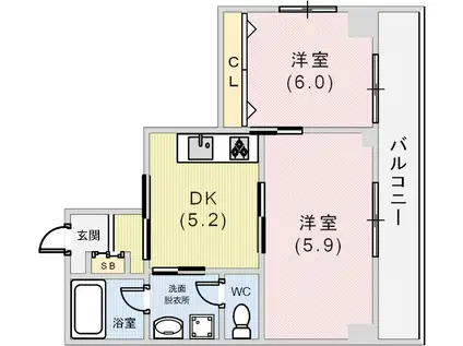 メトロハイツ花くま(2DK/6階)の間取り写真
