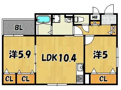 クリエオーレ川田(2LDK/3階)の間取り写真