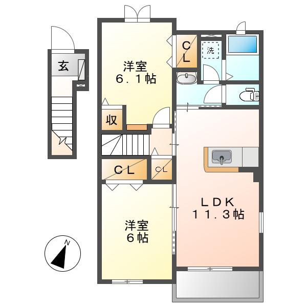ポム・ダムールA(2LDK/2階)の間取り写真