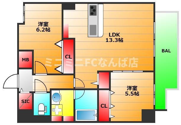 ワンナル堺筋本町(2LDK/4階)の間取り写真
