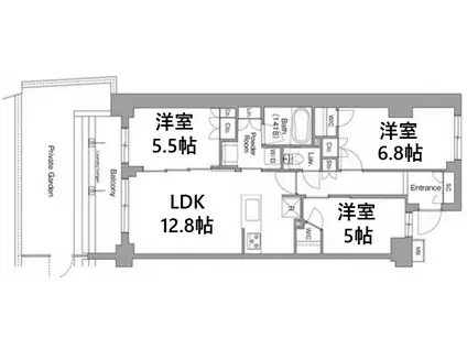 ミレーネ神戸住吉本町(3LDK/B1階)の間取り写真