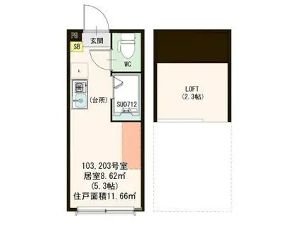 ハーモニーテラス東陽V(ワンルーム/2階)の間取り写真