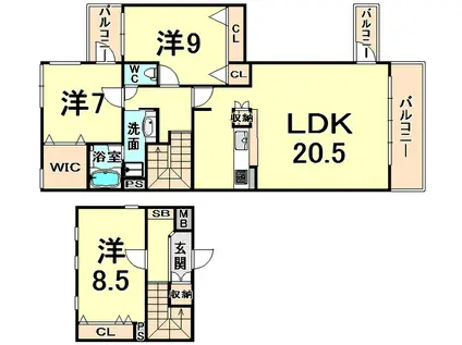 ソレイユ東園田(3LDK/2階)の間取り写真