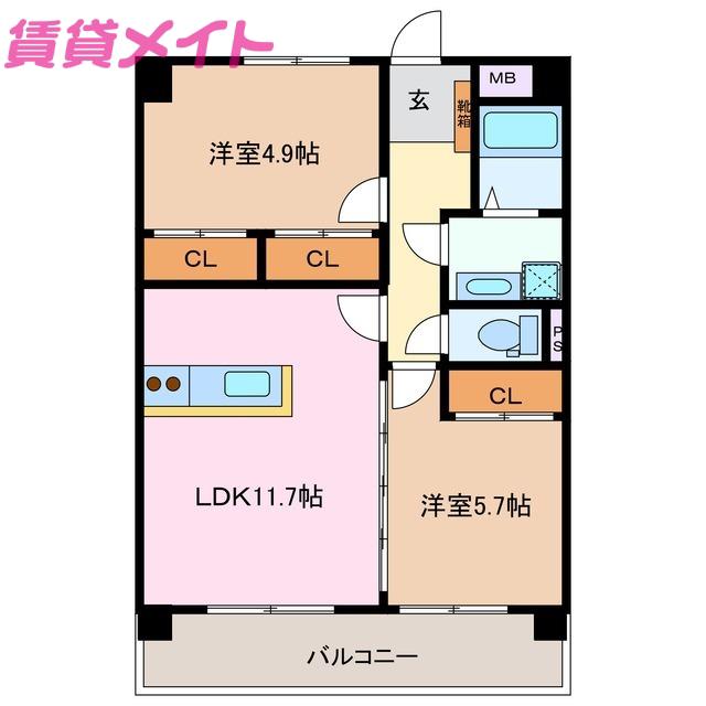 プリリアンスTAKEKOSHI A(2LDK/4階)の間取り写真
