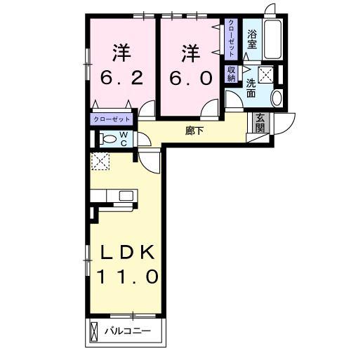 カーサ コスモI(2LDK/2階)の間取り写真