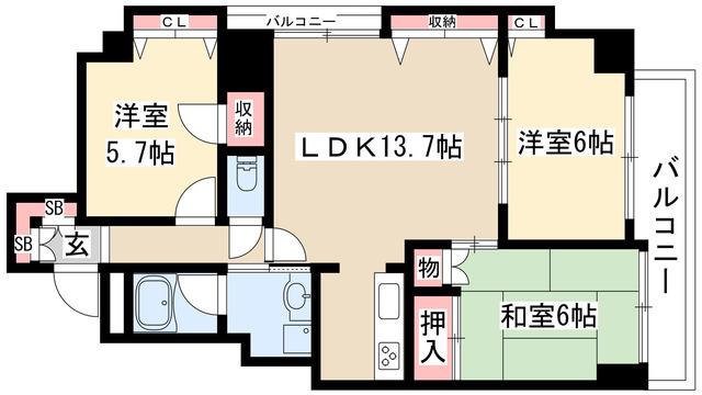 シュロス東白壁(3LDK/6階)の間取り写真