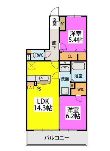 グレースヴィラ西国分(2LDK/4階)の間取り写真