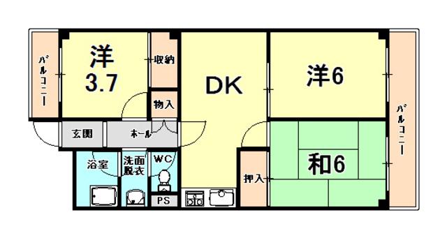 ロングライフ尼団(3DK/4階)の間取り写真