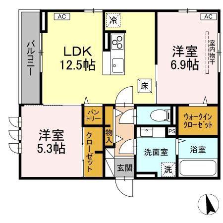 DーROOM六十人町 B B棟(2LDK/3階)の間取り写真