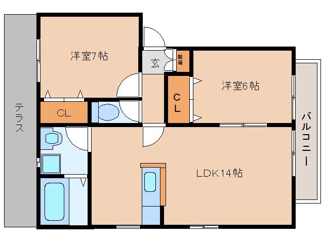 アンシャンテ葛城B(2LDK/1階)の間取り写真