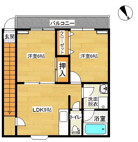 西皆生スカイタウンB(2LDK/2階)の間取り写真
