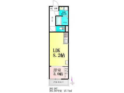 BAU美田園(1LDK/3階)の間取り写真