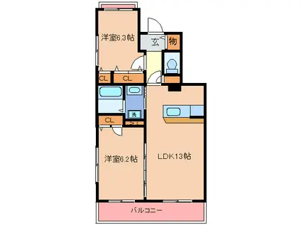 マガール21B棟(2LDK/2階)の間取り写真