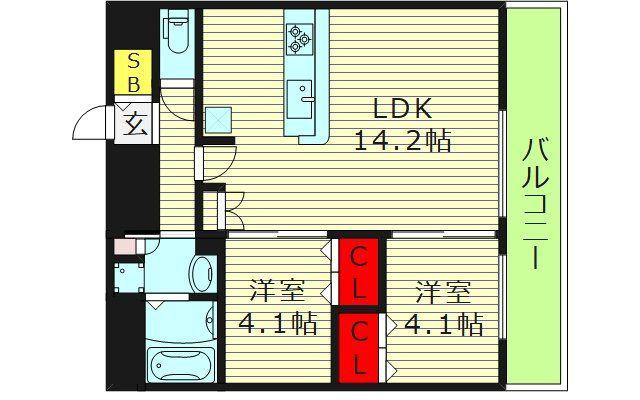 プレリス鶴見緑地グランガーデリア(2LDK/13階)の間取り写真