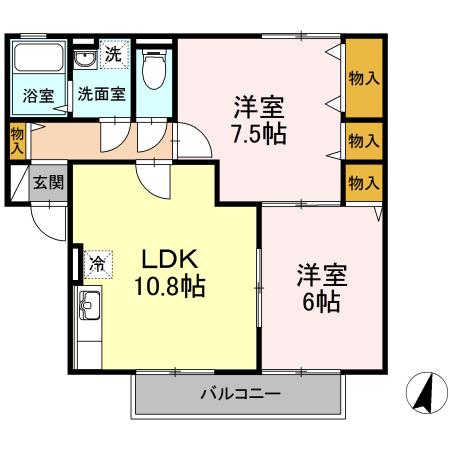 セジュールセラ B棟(2LDK/2階)の間取り写真