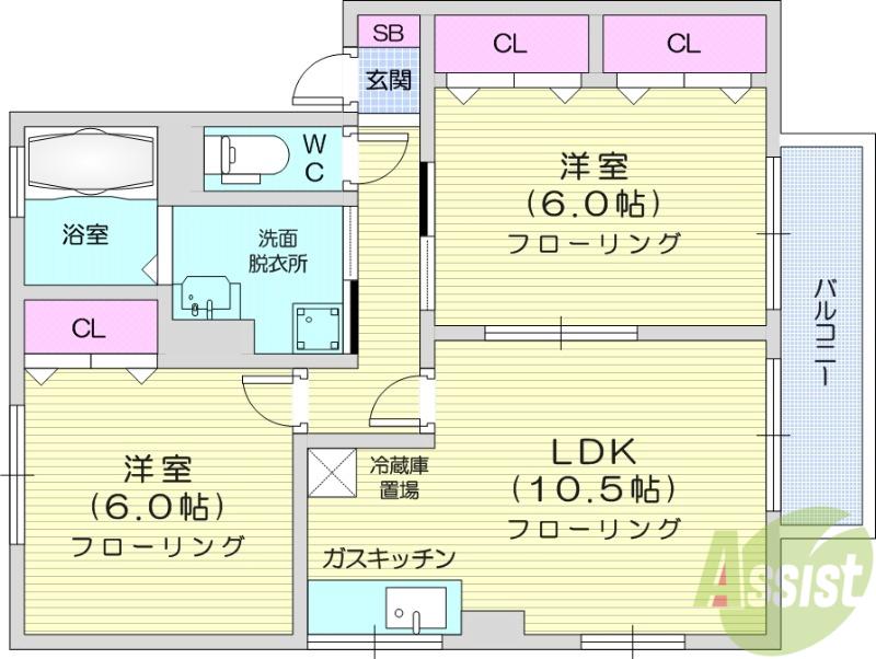 リビングタウン岩沼Ⅱ E棟(2LDK/2階)の間取り写真
