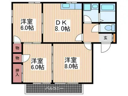 グレイスカンドウ C棟(3DK/1階)の間取り写真