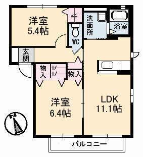 ヴィレッジ中陣 B棟(2LDK/2階)の間取り写真