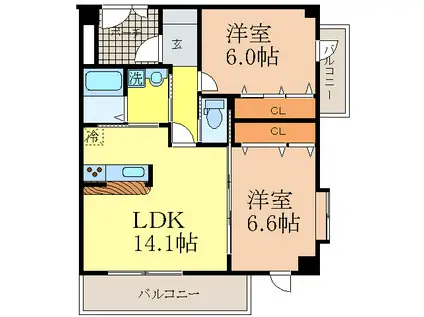 ルリーフ江坂(2LDK/2階)の間取り写真