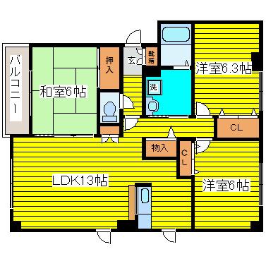ノースアヴェニュー(3LDK/2階)の間取り写真