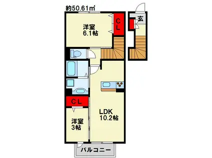 セジュールK D棟(2LDK/2階)の間取り写真