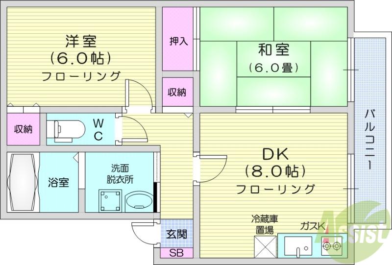 ハイカムール柧 G(2DK/2階)の間取り写真