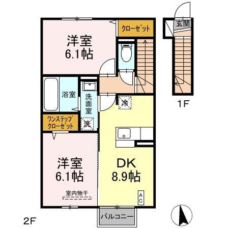 ユニティータウン安積A(2DK/2階)の間取り写真