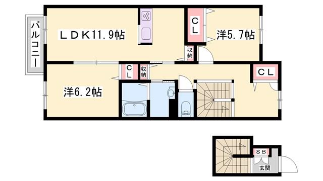 シャンティ夢前(2LDK/2階)の間取り写真